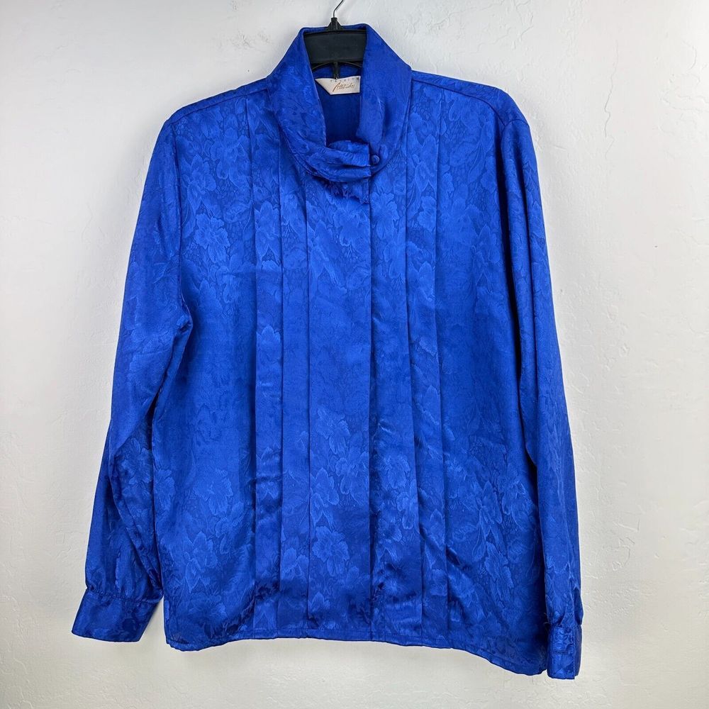 Vintage Attitudes Top Womens 14 Blue‎ Damask Floral Pleated Blouse Satin